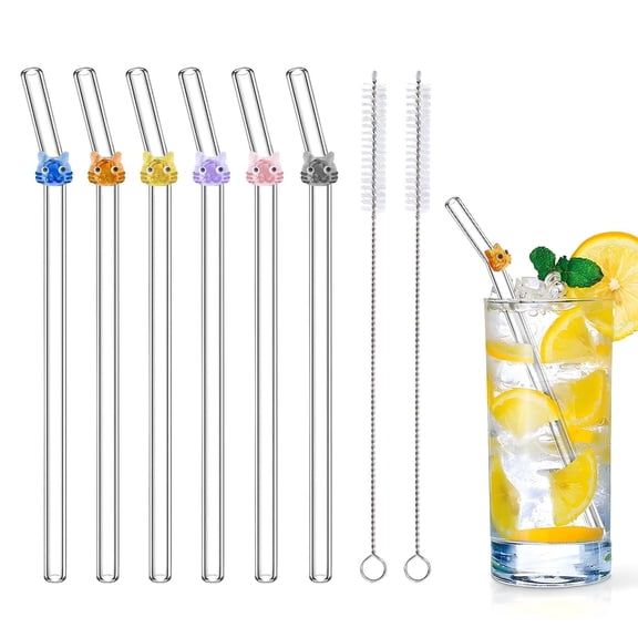 6-Pack Cat Glass Straws Reusable Shatterproof Dishwasher Safe with 2 Brushes for Smoothies & Coffee – Eco-Friendly