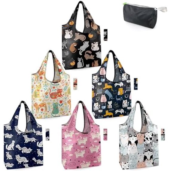 6 Pack Cats Reusable Grocery Bags Gifts for Cat Lovers