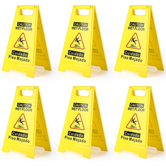 6-Pack Caution Wet Floor Sign,17.5" Height,Bright Yellow Double-Sided Folding A-Shaped Frame Design, Bilingual Caution Message