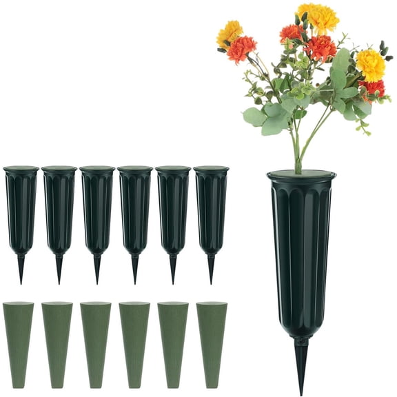 6 Pack Cemetery Vases with Foam Inserts, NOGIS Memorial Floral Vases with Spikes, Grave Flower Holder Cones for Outdoor Use, Lawn Headstone Graveside Decoration, Fresh or Artificial Flowers, Green