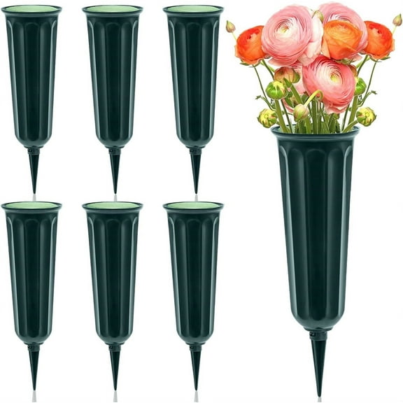 6 Pack Cemetery Vases with Spikes, Memorial Floral Vases with Foam Inserts, Grave Flower Holder Cones for Outdoor Use, Lawn Headstone Graveside Decoration, Fresh or Artificial Flowers