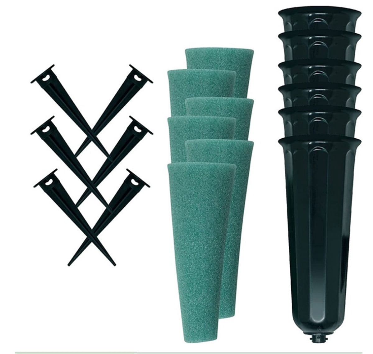 6-Pack Cemetery Vases with Spikes and Foam Inserts, 9.8" Premium Plastic Memorial Floral Cone Holders for Gravesite and Garden, Green