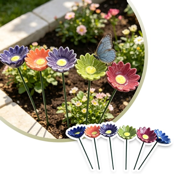 6 Pack Ceramic Bee Water Feeder, Pollinator Water Station, Flower Garden Stake Weather‑Resistant Floral Ground Stake For Outdoor Yard Patio Backyard Garden Decoration(Colorful3-8.27")