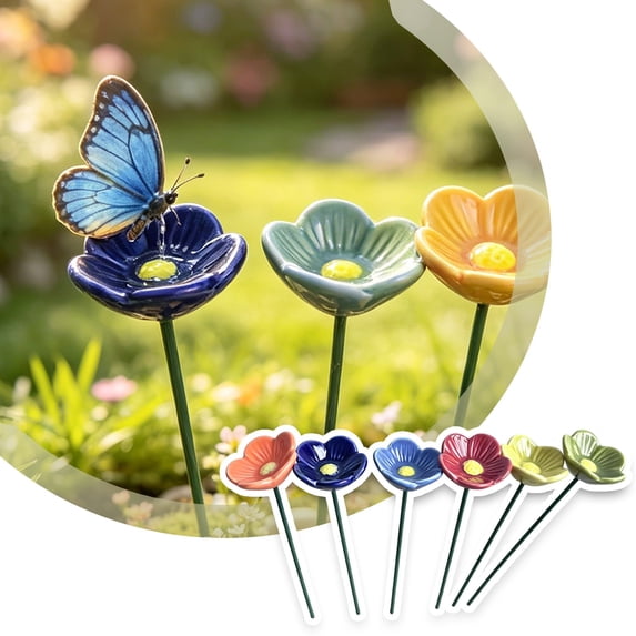 6 Pack Ceramic Bee Water Feeder, Pollinator Water Station, Flower Garden Stake Weather‑Resistant Floral Ground Stake For Outdoor Yard Patio Backyard Garden Decoration(Colorful1-8.27")