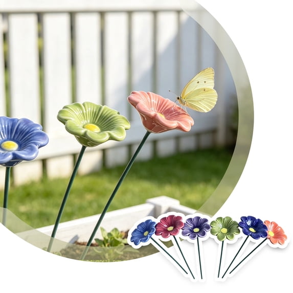 6 Pack Ceramic Bee Water Feeder, Pollinator Water Station, Flower Garden Stake Weather‑Resistant Floral Ground Stake For Outdoor Yard Patio Backyard Garden Decoration(Colorful2-8.27")