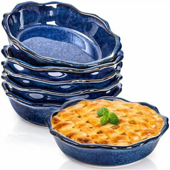 6 Pack Ceramic Mini Pie Pans, 6 Inch Small Blue Pie Plate, 12 Oz Individual Pie Dish, Round Pot Pie Baking Dishes with Ruffled Edge for Dessert, Apple Pie, Microwave, Oven Safe