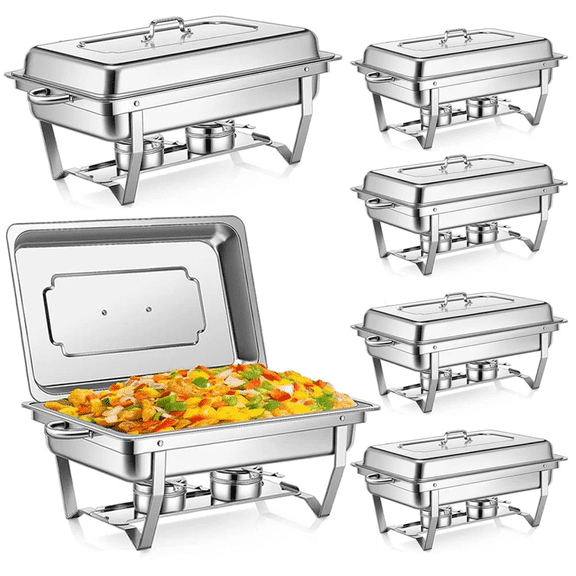 6 Pack Chafing Dish Buffet Set, 8QT Buffet Servers and Warmers Chaffing Servers Stainless Steel with 2 Half Size Food Pans