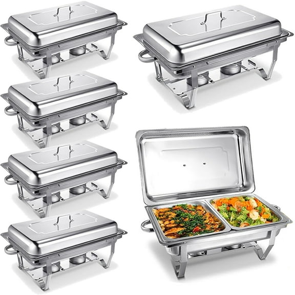 6 Pack Chafing Dish Buffet Set, 8QT Buffet Servers and Warmers Chaffing Servers Stainless Steel with 2 Half Size Food Pans, Rectangular Food Warmers for Parties Buffets