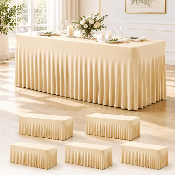 Layout Of Ruffle 6 Pack Champagne Spandex Table Clothes For 6 Foot Rectangle Tables 6ft ...