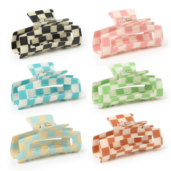 6 Pack Checkered Hair Claw Clips, 3.1" Multicolored Square Medium Non-Slip Claw Clips, Strong Hold for Women Girls Long Short Thin Hair