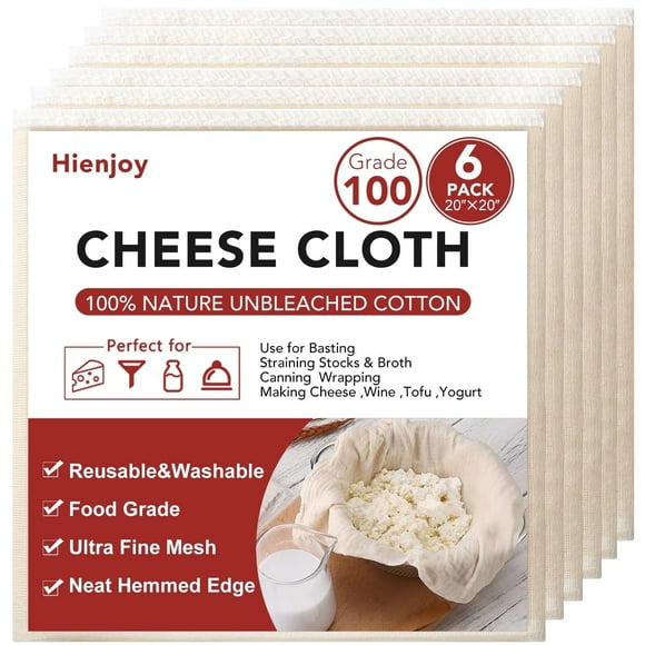 6-Pack Cheesecloth,20x20 Inches Grade 100 Cheesecloth, 100% Unbleached Cotton Cheesecloth for Cheese Making, Cooking, Straining Cloths for Nut Milk, Yogurt, Juicing, Filter