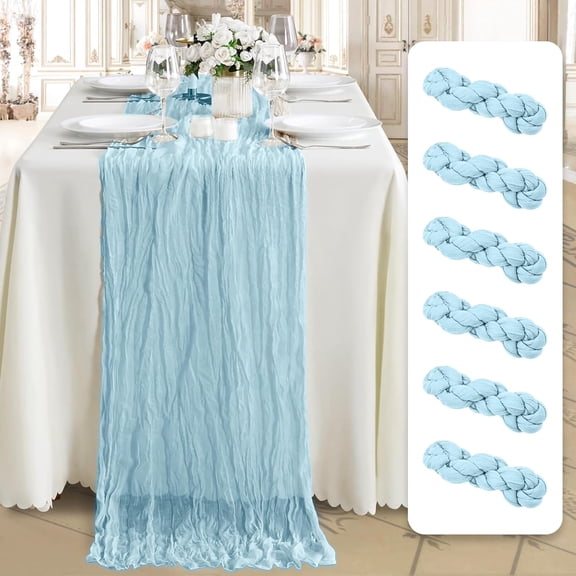 6 Pack Cheesecloth Table Runners, 35x120 Inch (10ft) Boho Rustic Crinkle Gauze Table Decor, Soft Polyester Table Runners for Wedding, Baby Shower, Bridal Shower, Birthday Party, Sky Blue