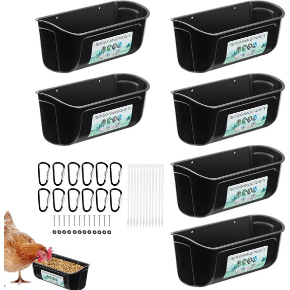 6 Pack Chicken Duck Feeder, Poultry Feeders and Waterers, Hanging Goat Feeder, Livestock Feeding Container, Feed Trough and Waterer Bucket with Clips(Black)