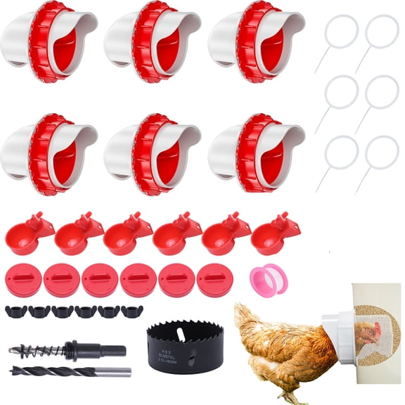 6 Pack Chicken Feeder and Waterer Kit, DIY Automatic Gravity Poultry Feeder Ports with Cups, No-Waste Rainproof for Ducks, Quails, Chicks