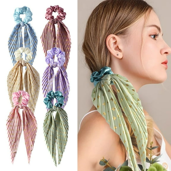 6 Pack Chiffon Hair Ties with Long Ribbon Bow Tail,Silky Satin Bow Hair Scrunchies,Boho Elastic Hair Bands,Elegant Ponytail Holder Hair Accessories for Women Girls (Multicolor) Scheam