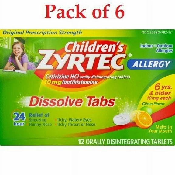 6 Pack Children's Zyrtec 24 hr Dissolving Allergy Tablets, Cetirizine 10 mg, Citrus Flavor,12 Count
