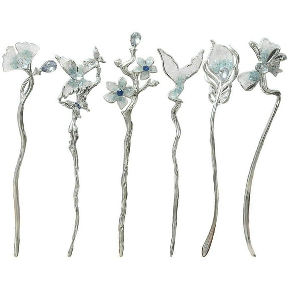 6-Pack Chinese Hair Sticks with Blue Crystal Butterfly Design, Metal Hair Pins
