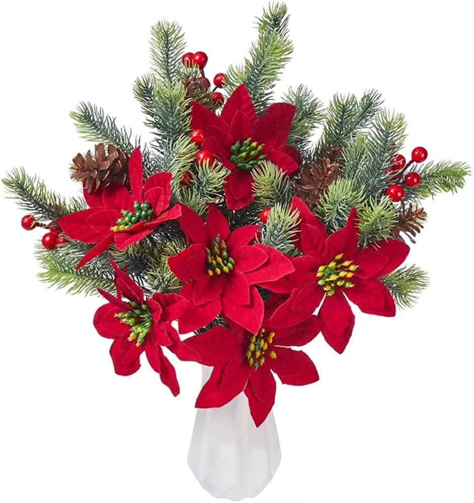 6 Pack Christmas Artificial Flowers Bouquet with Red Berry Stems Pine