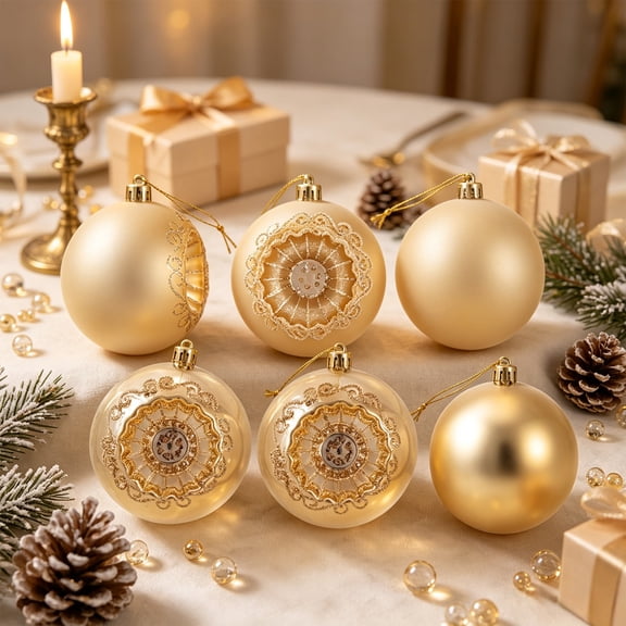 6 Pack Christmas Ball Ornaments, 3.15 in Plastic Hanging Baubles with Snowflake Patterns for Christmas Tree Door Window, Indoor Holiday Wedding Party Home Decor,Gold