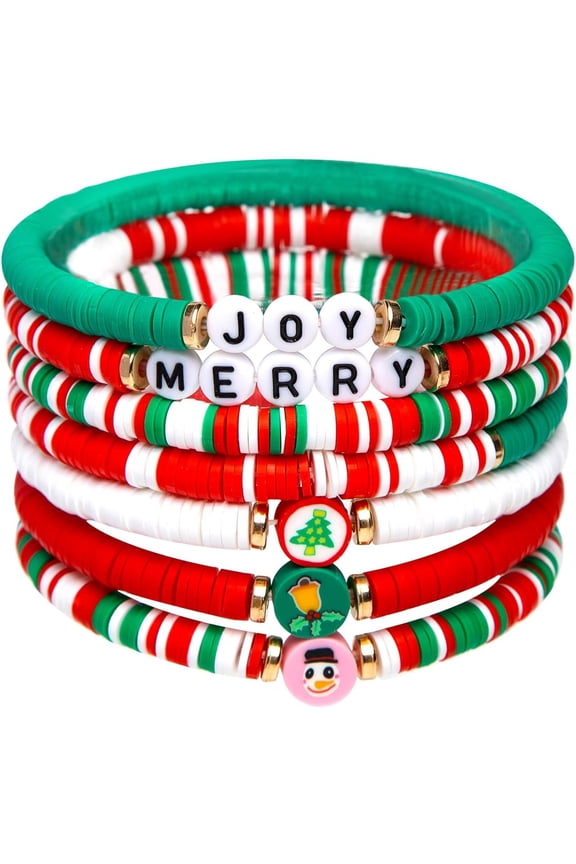 6-Pack Christmas Bracelets - Festive "Joy" & "Merry" Candy-Style Stackable Bracelets for Women & Teens, Perfect Holiday Gifts for Ages 3 to Adult