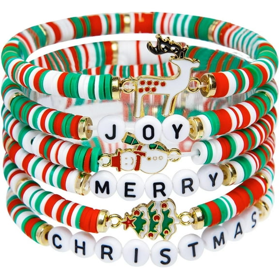 6 Pack Christmas Bracelets: Joy & Merry Candy-Style Stacks for Women & Teens - Perfect Christmas Gifts - Age 3 to Adult