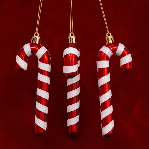 6 Pack Christmas Candy Cane Ornaments, 4.9×12.5 Inch Shiny Metallic White Glitter Baubles, Reusable Plastic Decor for Tree, Wreath, and Holiday Parties