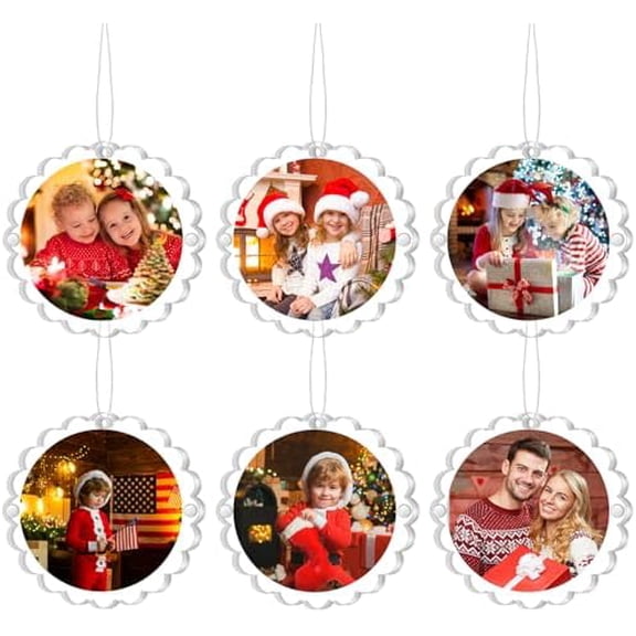6 Pack Christmas Clear Acrylic Photo Frame Ornaments 3.54" Mini Hanging Picture Frame Ornaments Small Scalloped with String for Christmas Tree Photo Decoration Xmas Party (Round)
