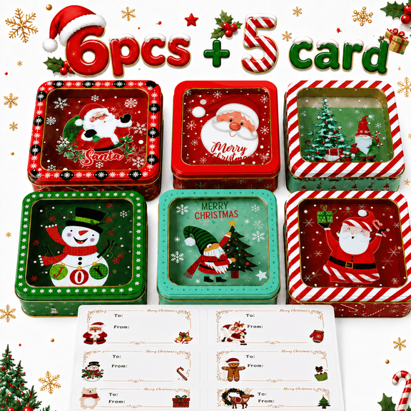 6 Pack Christmas Cookie Tins with Lids, Square Metal Candy Gift Boxes with Clear Windows and Gift Tags, 6.1 x 6.1 x 2.4 in