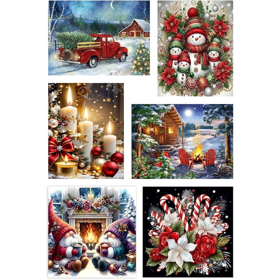 6 Pack Christmas Diamond Art Kits for Adults Beginners,Snowman Truck Candle Bonfire Candy Cane Diamond Painting Kits for Adults,5D Full Drill DIY Diamond Dot Gem Art Kits Craft 12x16-12x12 inch