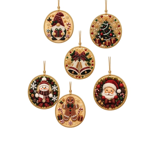 6-Pack Christmas Diamond Painting Ornament Kit, DIY Pearl Sticker Art Crafts for Kids Adults, No Glue Needed 3.07" Round Xmas Tree Decorations Holiday Gift Set