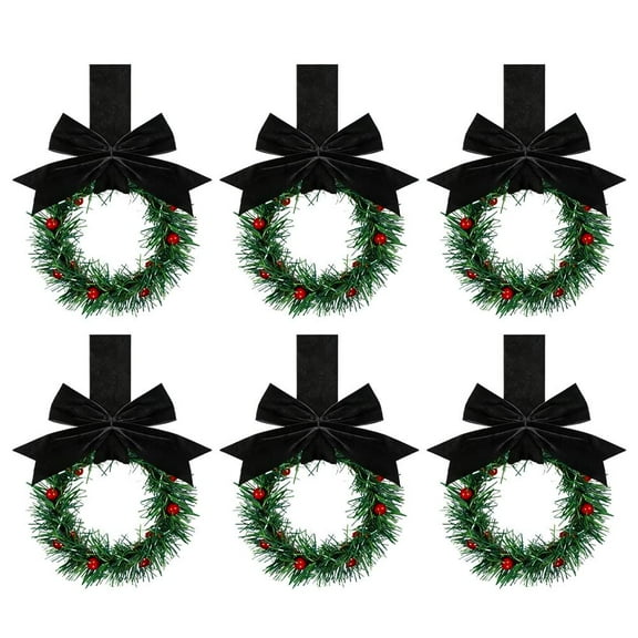 6 Pcs Small Christmas Wreath for Kitchen Cabinets, 5.12 Inch Mini Christmas Wreaths with Ribbon and Red Berries, Farmhouse Xmas Decor for Door, Window, Fireplace, or Holiday Party Decorations
