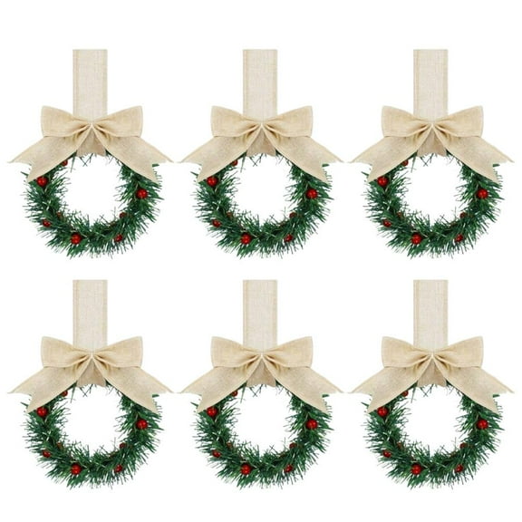 6 Pcs Small Christmas Wreath for Kitchen Cabinets, 5.12 Inch Mini Christmas Wreaths with Ribbon and Red Berries, Farmhouse Xmas Decor for Door, Window, Fireplace, or Holiday Party Decorations