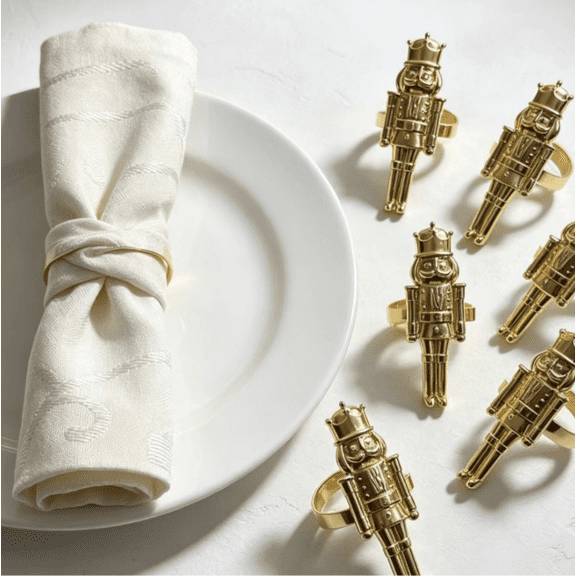 6 Pack Christmas Nutcracker Napkin Rings, Gold Metal Soldier Napkin Holders, Decorative Holiday Napkin Buckle Rings for Christmas Dinner, Table Setting, Party and Holiday Home Decor