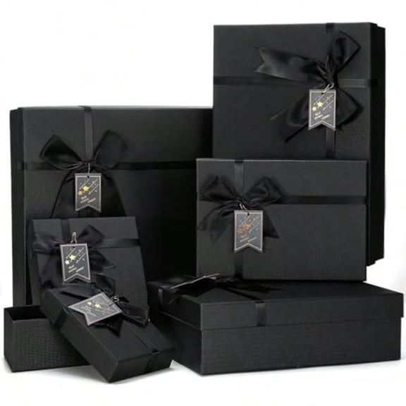 6 Pack Christmas Party Gift Boxes Nested Wrapping Boxes with Lid for Presents 6 Assorted Sizes with Ribbon Bows Label for Weddings Birthdays Bridal Shower Anniversary Party Black