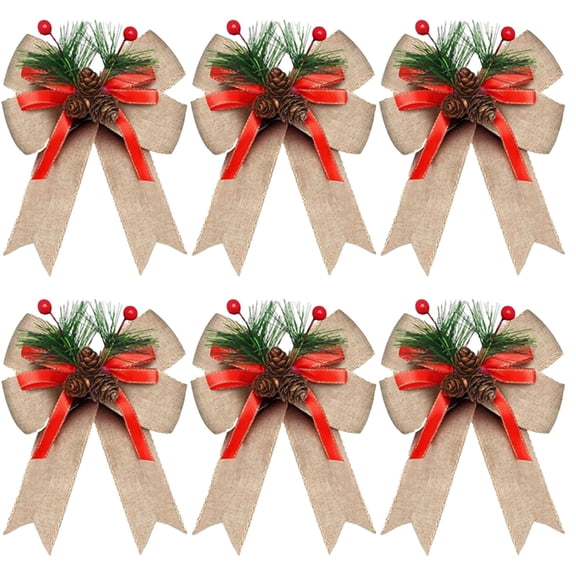 6-Pack Christmas Plaid Bow Ornaments – Handmade Buffalo Check Ribbon Bows with Pinecones & Faux Fruit for Tree, Wreath, Gifts, DIY Holiday Decor