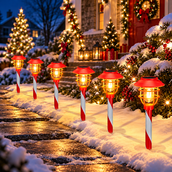 6 Pack Christmas Solar Lights Outdoor, Candy Cane Flickering Flame Pathway Lights, Dual Use Hanging Lantern & Garden Stake with Auto On/Off, IP44 Waterproof Xmas Decor for Patio, Walkway, Yard & Driv