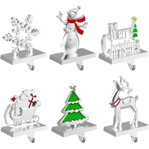 6 Pack Christmas Stocking Holders for Mantle, Stockings Hangers Set of 6, Snowflake Snowman Tree Deer Reindeer Heavy Weighted Hooks for Mantel Fireplace Windows Indoor Decorations Silver
