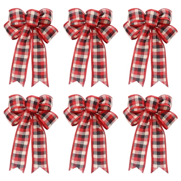 6 Pack Christmas Tree Bows Decorations,9.4"x19" Wreath Bow with Edge for Xmas Home Fence Stairs Railing Fireplace Indoor Outdoor Front Door Decor