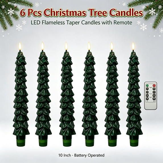 6 Pack Christmas Tree Candles with Remote, LED Flameless Tapered Candles Battery Operated, 10 Inch Tree Shaped Fake Candles for Holiday Table Decor