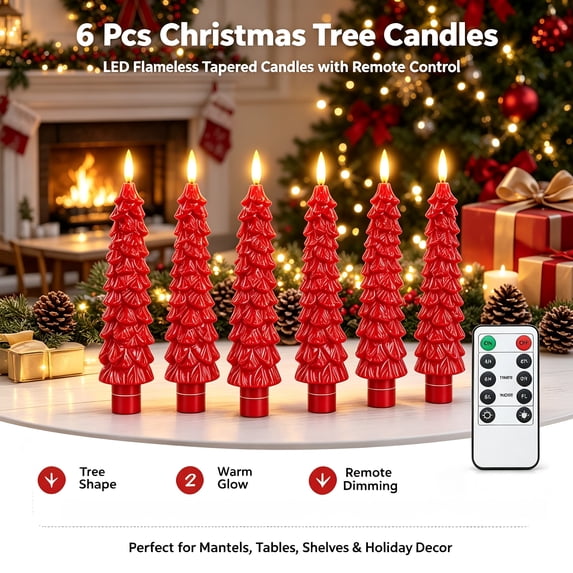 6 Pack Christmas Tree Candles with Remote, LED Flameless Tapered Candles Battery Operated, Tree Shaped Fake Candles for Holiday Table Decor
