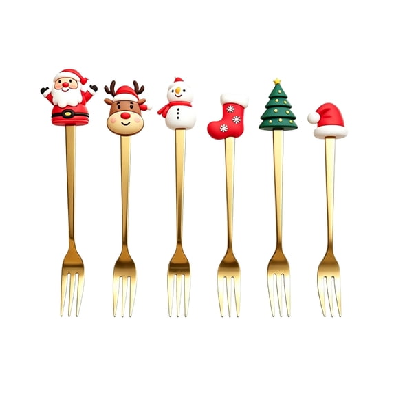 6 Pack Christmas fork Set, Christmas Stainless Steel Dessert Coffee Tea fork, Holiday Party Tableware, Figurine Design - Gold