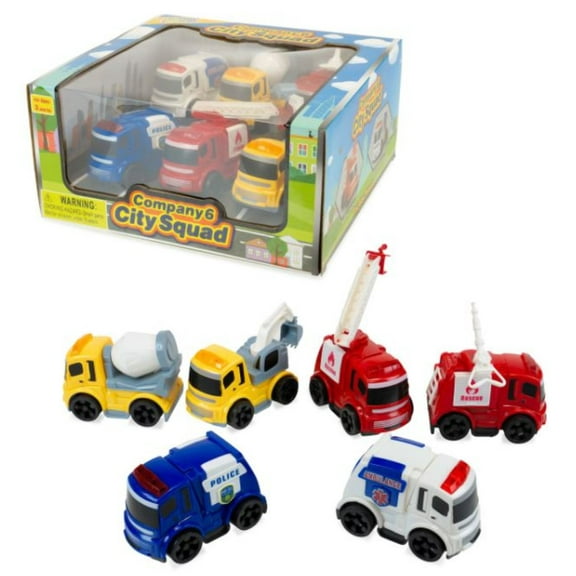 6 Pack City Builder Construction Vehicles for Kids, Push and Go City Squad Car Toy, Police Car, Ambulance, Fire Truck, Concrete Mixer Truck, Crane, Excavator