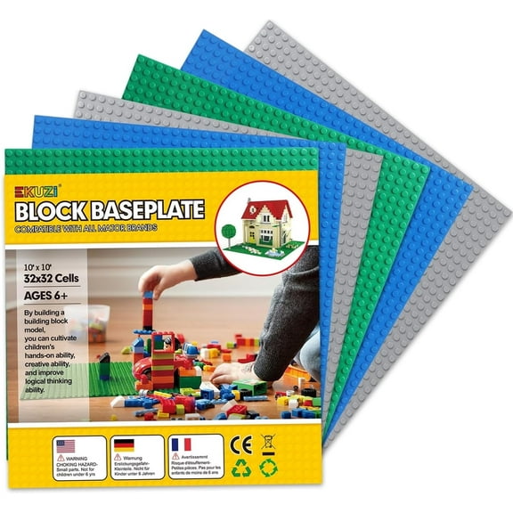6 Pack Classic Baseplates for Building Bricks, Base for Tables,Mats,and More,100% Compatible with All Major Brands,10 x 10 inch Base Plate (Green, Blue, Gray
