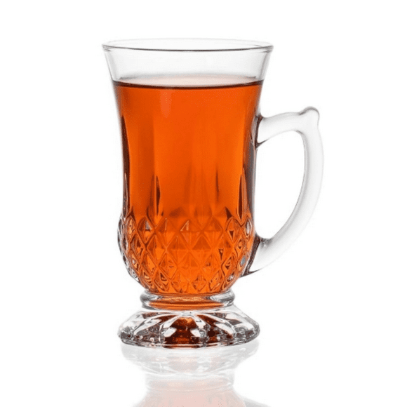 6-Pack Classic Clear Cut Glass 4.5 Oz Footed Turkish Tea Cups with Handles, Etched Design