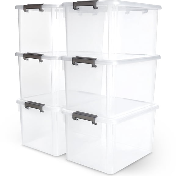 6 Pack Clear 32 Quart Storage Bins, Stackable Plastic Latching Box with Lid and Gray Latch for Closet Garage Organization, 17 Litre, Clear