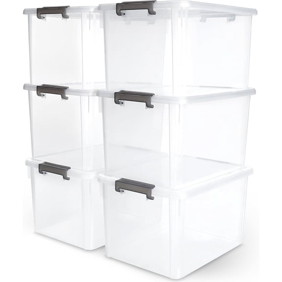 6-Pack Clear 32 Quart Storage Latch Box/Bins, Plastic Stackable Latching Box with Lid and Gray Latch, Multi-Purpose, 17 Litre