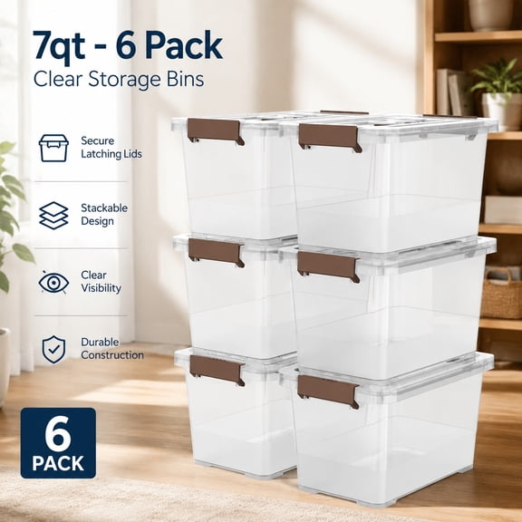 6-Pack Clear 7 Quart Plastic Stackable Storage Latching Boxes with Brown Handles and Lids, Multi-Purpose Organization Bins