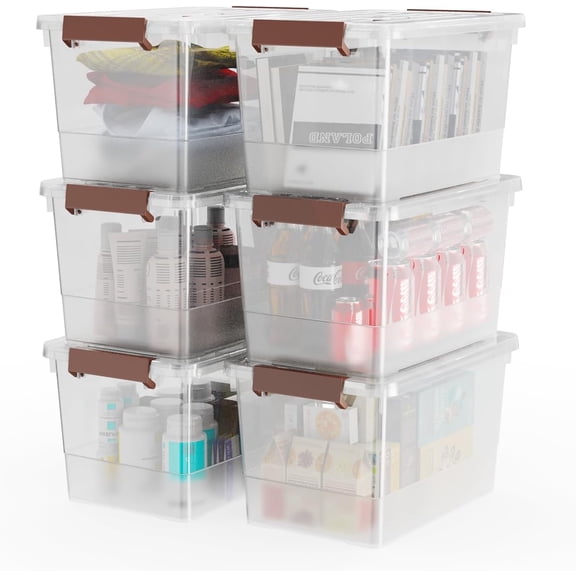 6-Pack Clear 7 Quart Stackable Storage Bins with Latching Lid and Brown Handles, Multi-Purpose Plastic Container, 7 Litre