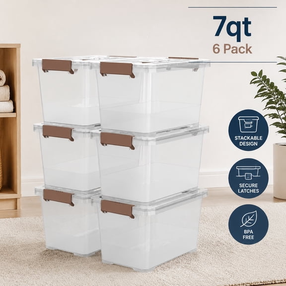6-Pack Clear 7 Quart Stackable Storage Latch Boxes with Brown Handles and Lids, Multi-Purpose Plastic Storage Bins