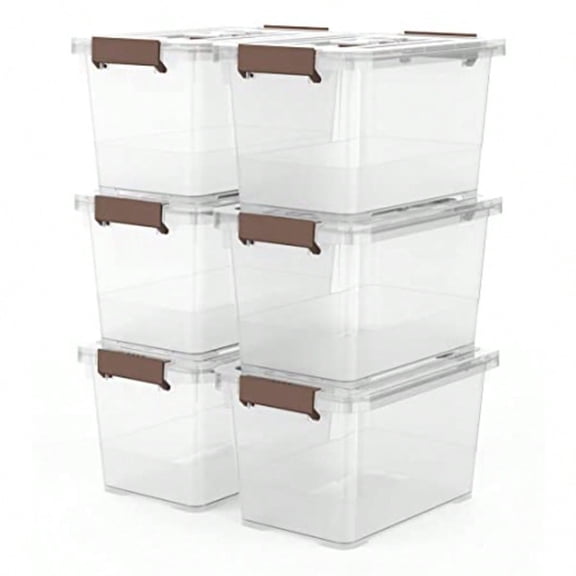 6-Pack Clear 7 Quart Storage Latch Box/Bins Plastic Stackable Latching Box with Brown Handle and Lid Multi-Purpose 7 Litre